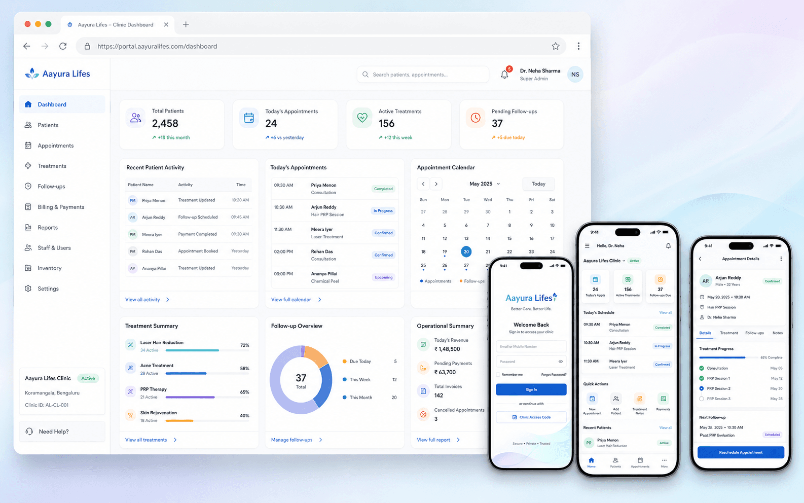 Aayura Lifes clinic management web portal and mobile application UI