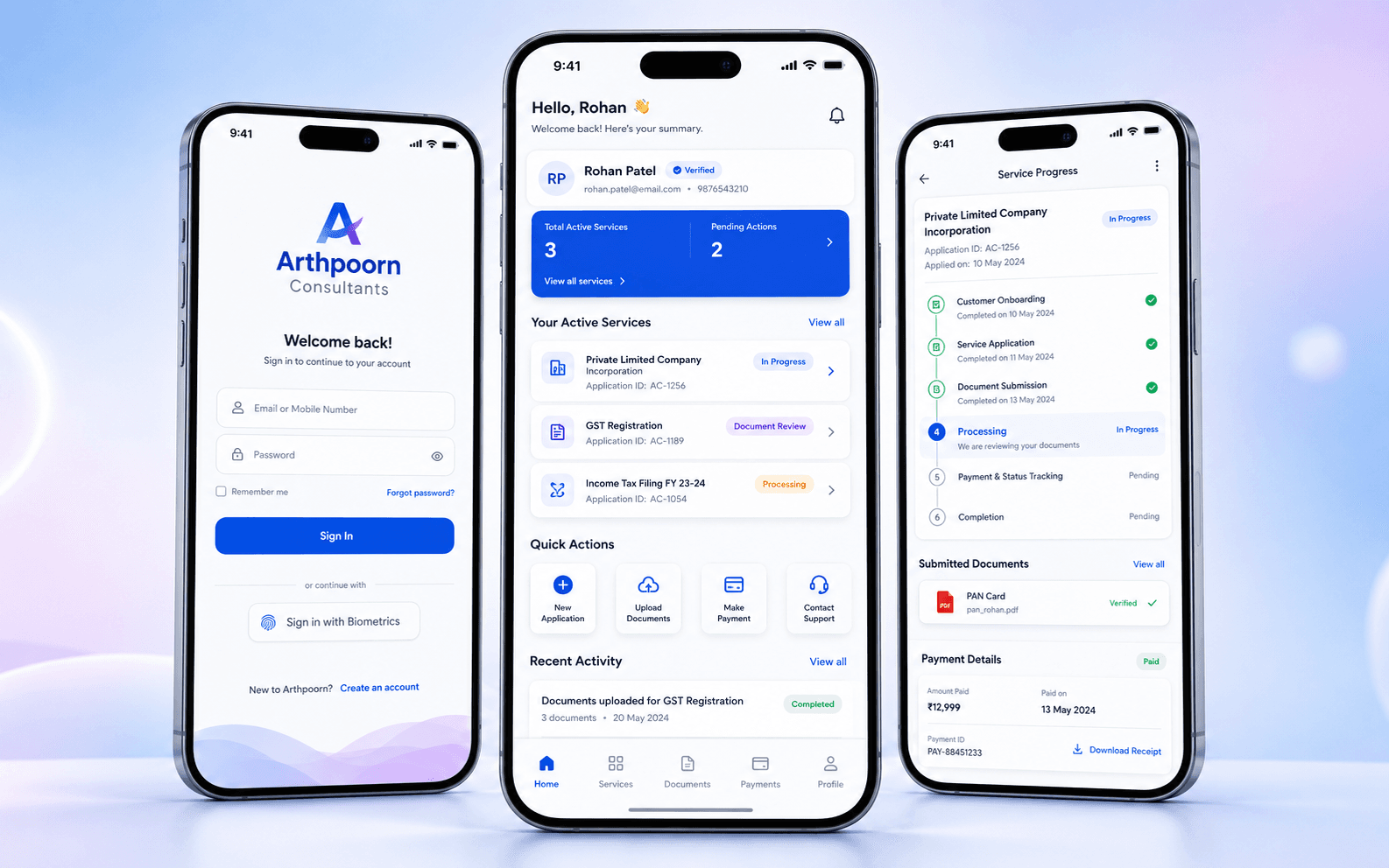 Arthpoorn Consultants mobile application UI showcased on multiple smartphone mockups