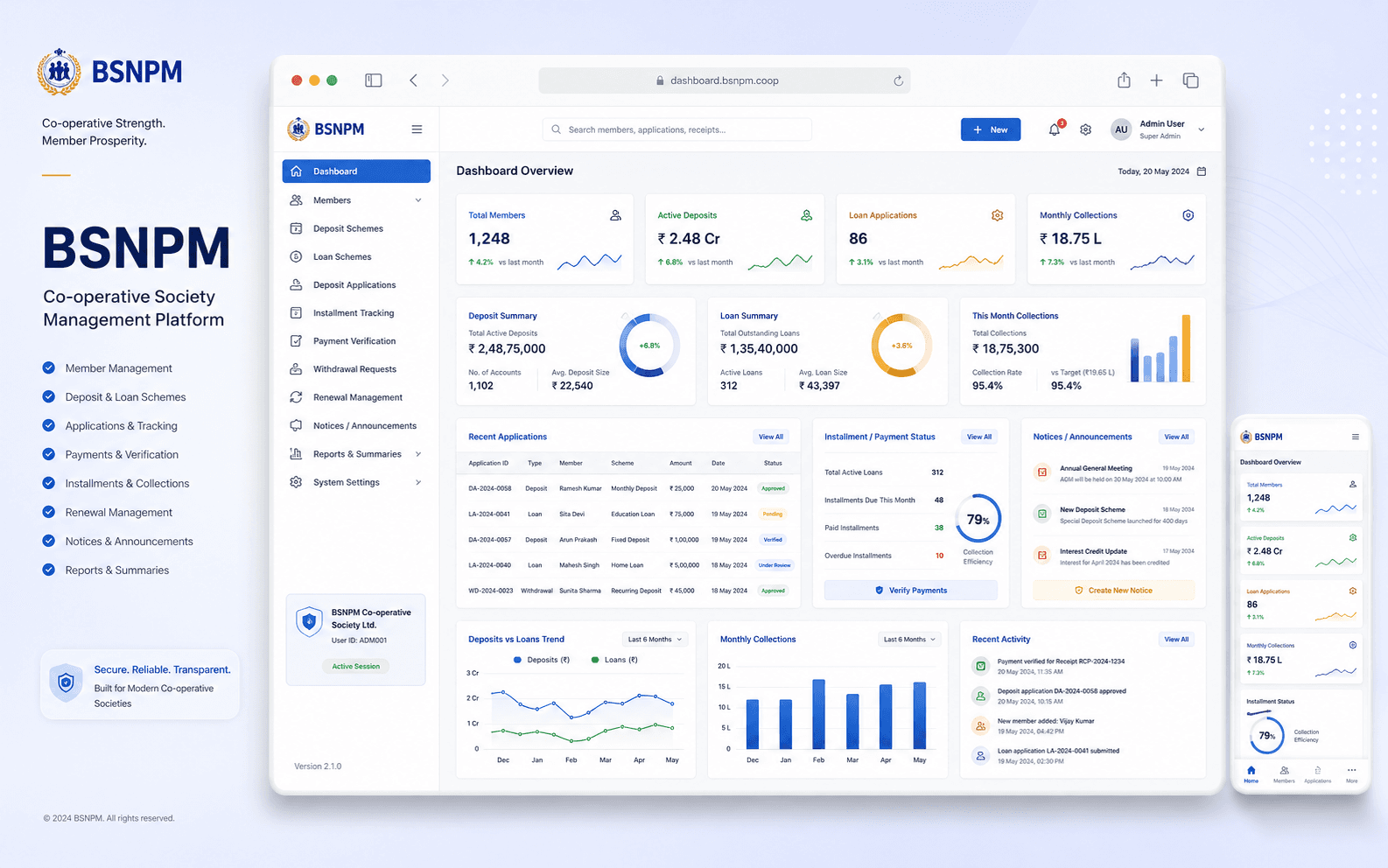 BSNPM co-operative society web administration dashboard interface